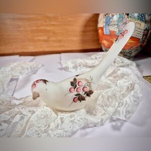 Fenton Bird of Happiness Hand-painted Winterberry on White Satin Custard Glass